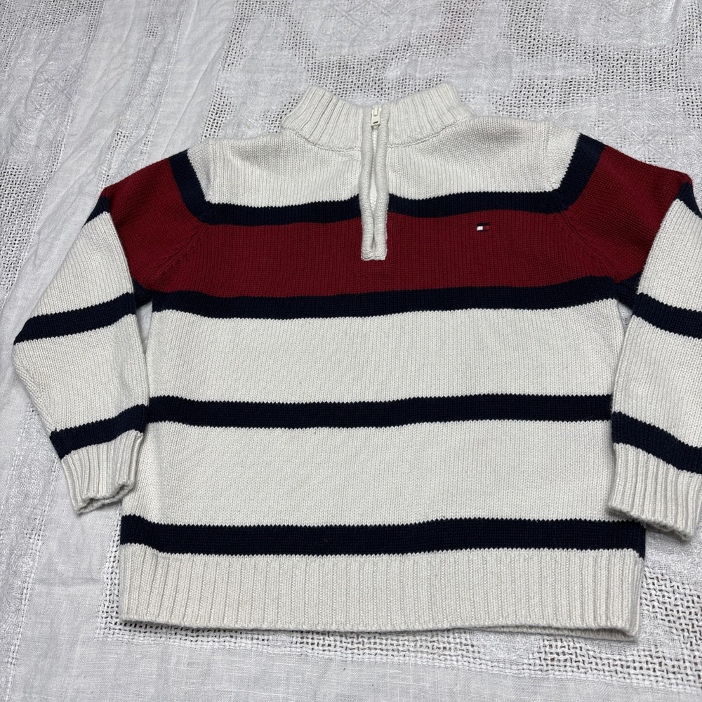 3t boys tommy hilfiger 1/4 zip‎ sweater Striped Red Blue Cream